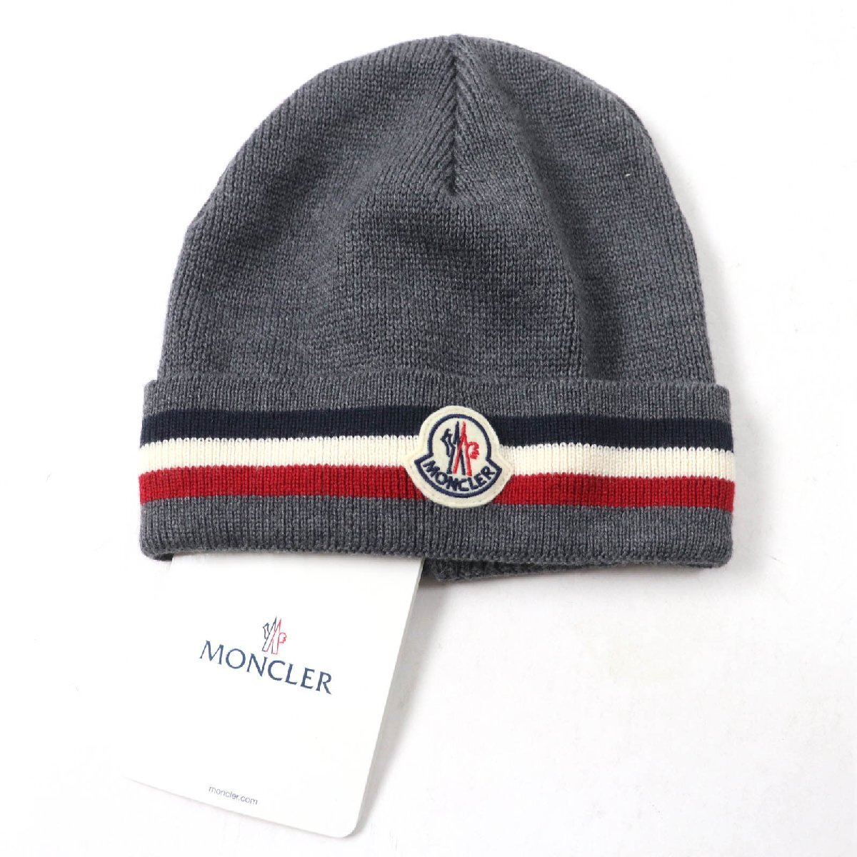 未使用品★MONCLER モンクレール BERRETTO ウール100% ロゴワッペン付 ニットキャップ 帽子 グレー UNI 伊製 正規品 ユニセックス拍卖