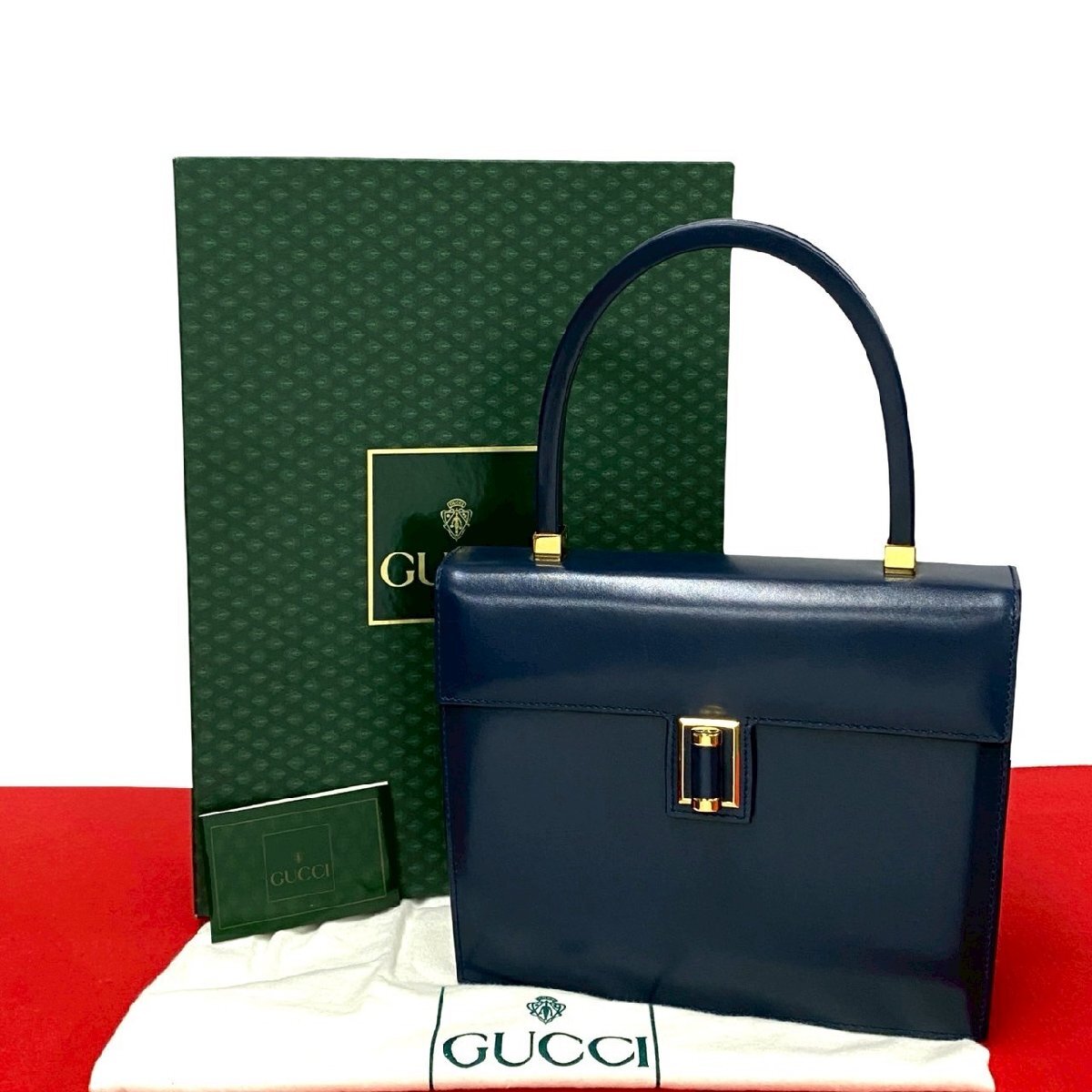 新品未使用 箱 袋付き 希少品 GUCCI グッチ オールドグッチ ヴィンテージ GG ロゴ金具 レザー 本革 ハンドバッグ ネイビー 86472拍卖