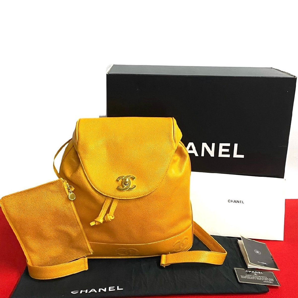 極 美品 カード シール有 4番台 CHANEL シャネル トリプルココ キャビアスキン ココマーク リュックサック バックパック イエロー 28046拍卖