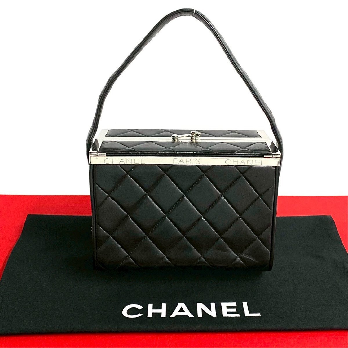 極 美品 袋付き カード シール有 4番台 CHANEL シャネル ヴィンテージ 観音 バニティ ラムスキン レザー 本革 ハンドバッグ ブラック 63214拍卖