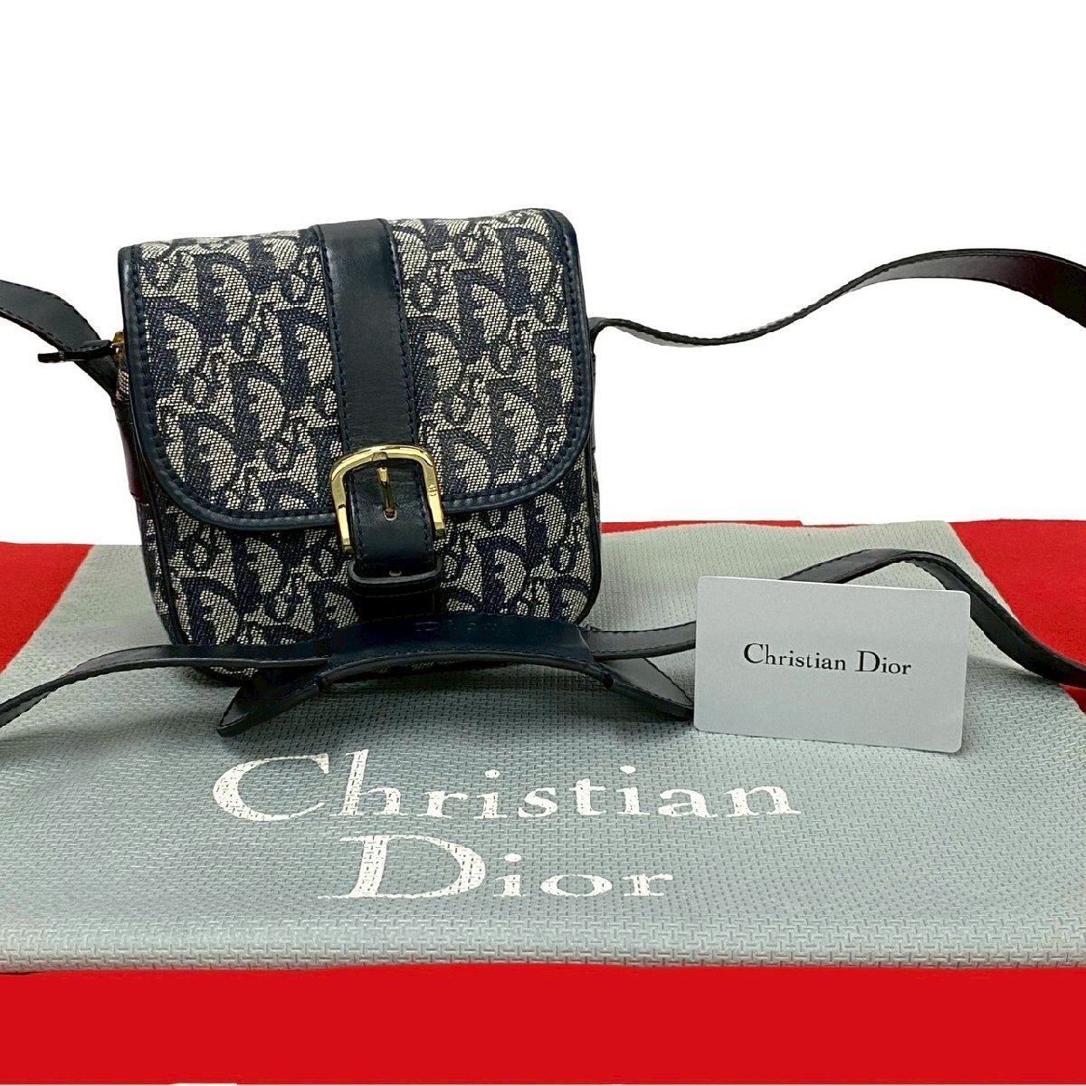 極 美品 Christian Dior ディオール ヴィンテージ トロッター柄 レザー 本革 キャンバス ショルダーバッグ ポシェット ネイビー 34211拍卖