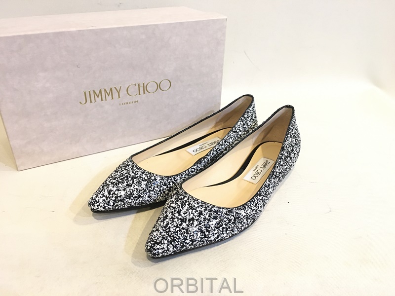 二子玉)ジミー チュウ Jimmy Choo 未使用 グリッターフラットパンプス ポインテッドトゥ 黒 白 レディース 37 23.5cm拍卖