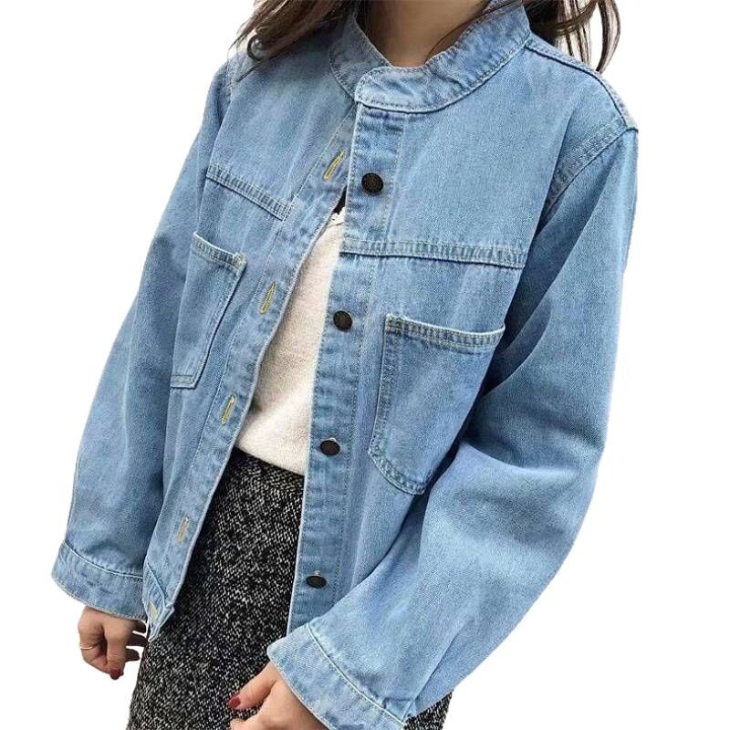 大人気新品デニムジャケット レディース Gジャン 長袖 立ち襟 ノーカラー デニムコート ショート丈 カジュアル アウター 春秋 ブルーM拍卖