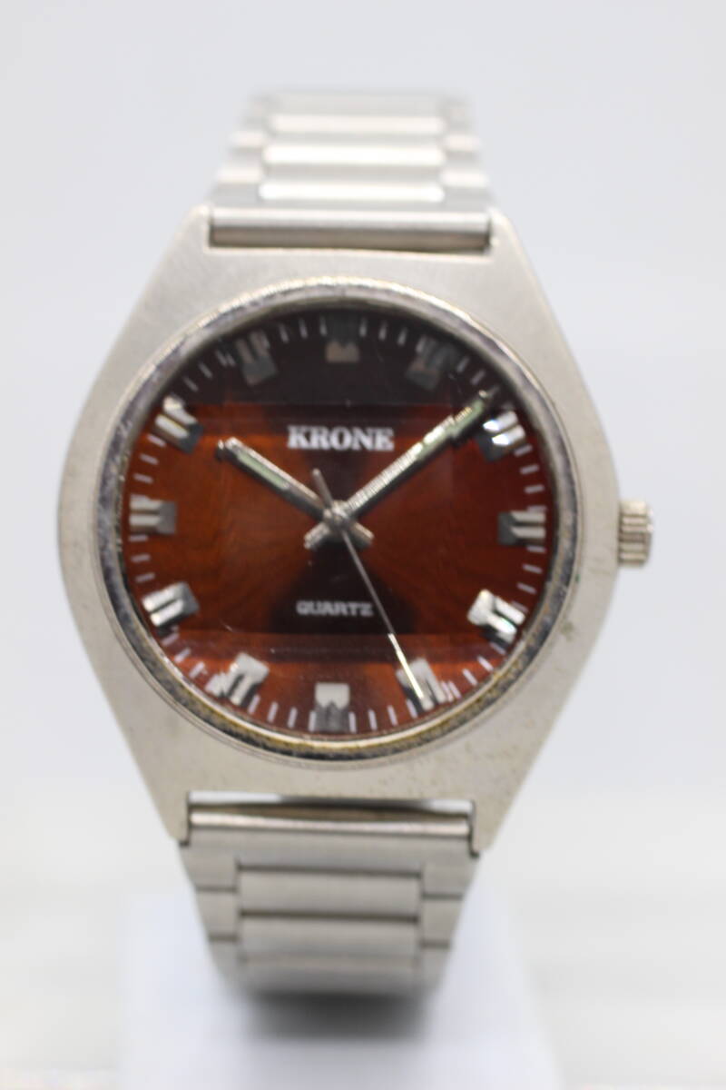 【KRONE】QUARTZ カットガラス ブラウン文字盤STAINLESS STEEL BACK JAPAN MOVEMENT 中古品時計 電池交換済み 25.4.13拍卖