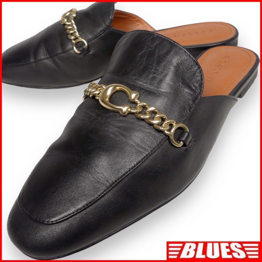 即決★COACH★25cm ミュール レザーサンダル コーチ レディース 黒 本革 スリッパ 本皮 ビーチサンダル 革靴拍卖