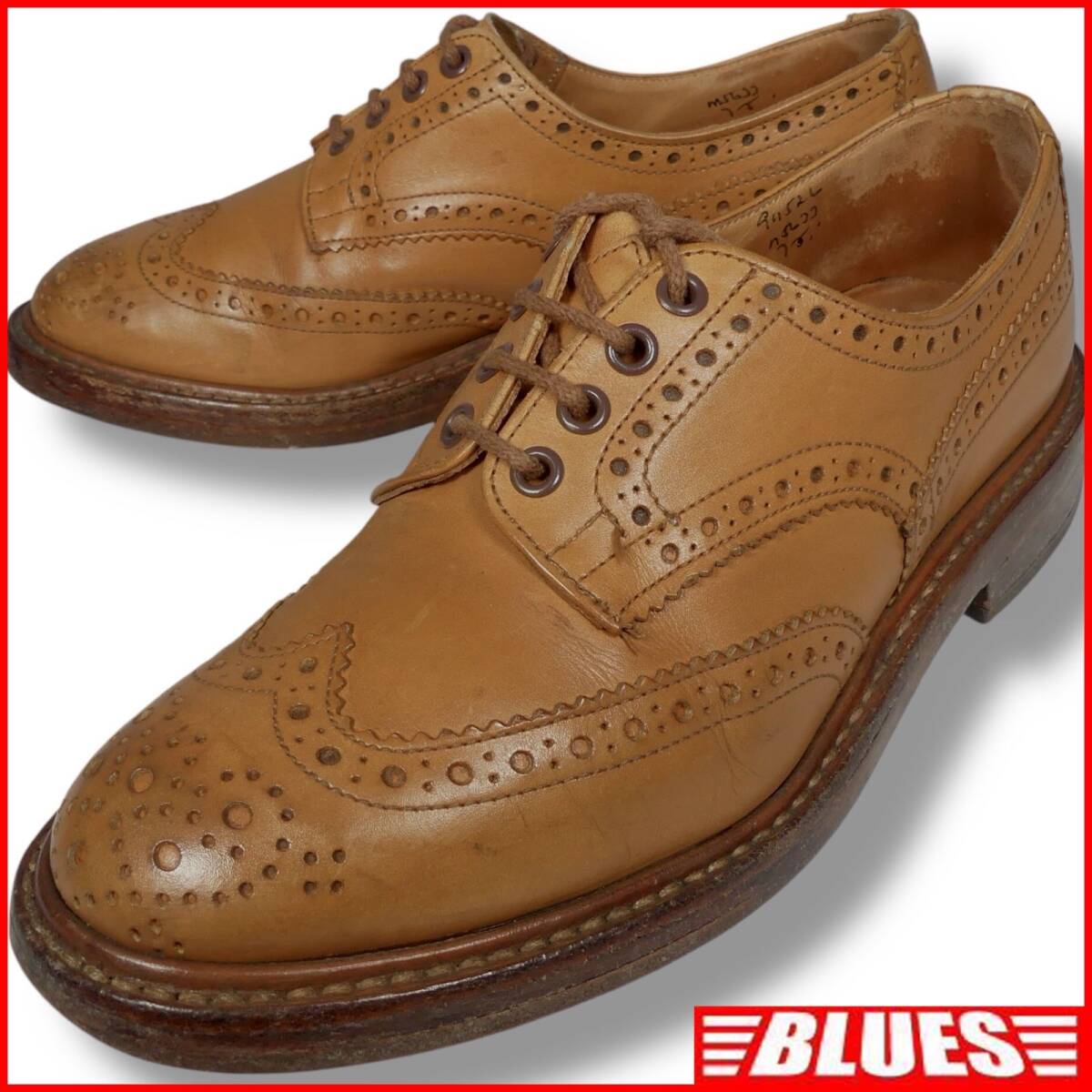 即決★英国製 Tricker’s★25.5cm バートン レザー シューズ トリッカーズ メンズ 7 キャメル 本革 革靴 ウィングチップ メダリオン拍卖