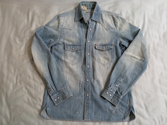 Discovered ディスカバード デニムウエスタンシャツ ダメージリペア ブリーチ ユーズド加工 Mサイズ 日本製 即決拍卖