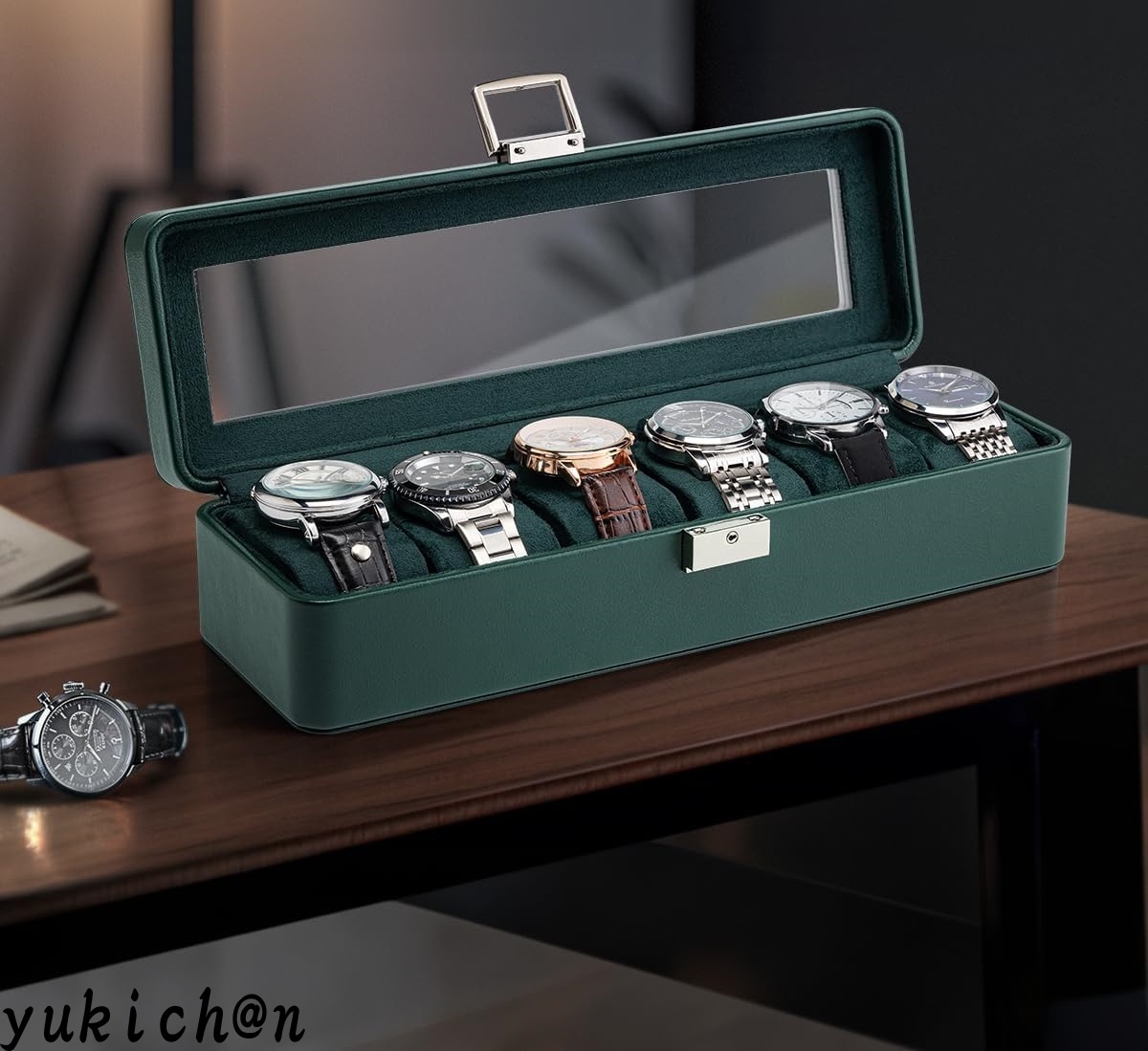 腕時計ケース PU製 男性 収納ボックス アクセサリー 収納 アクセサリーケース 誕生日プレゼント グリーン 6本用拍卖