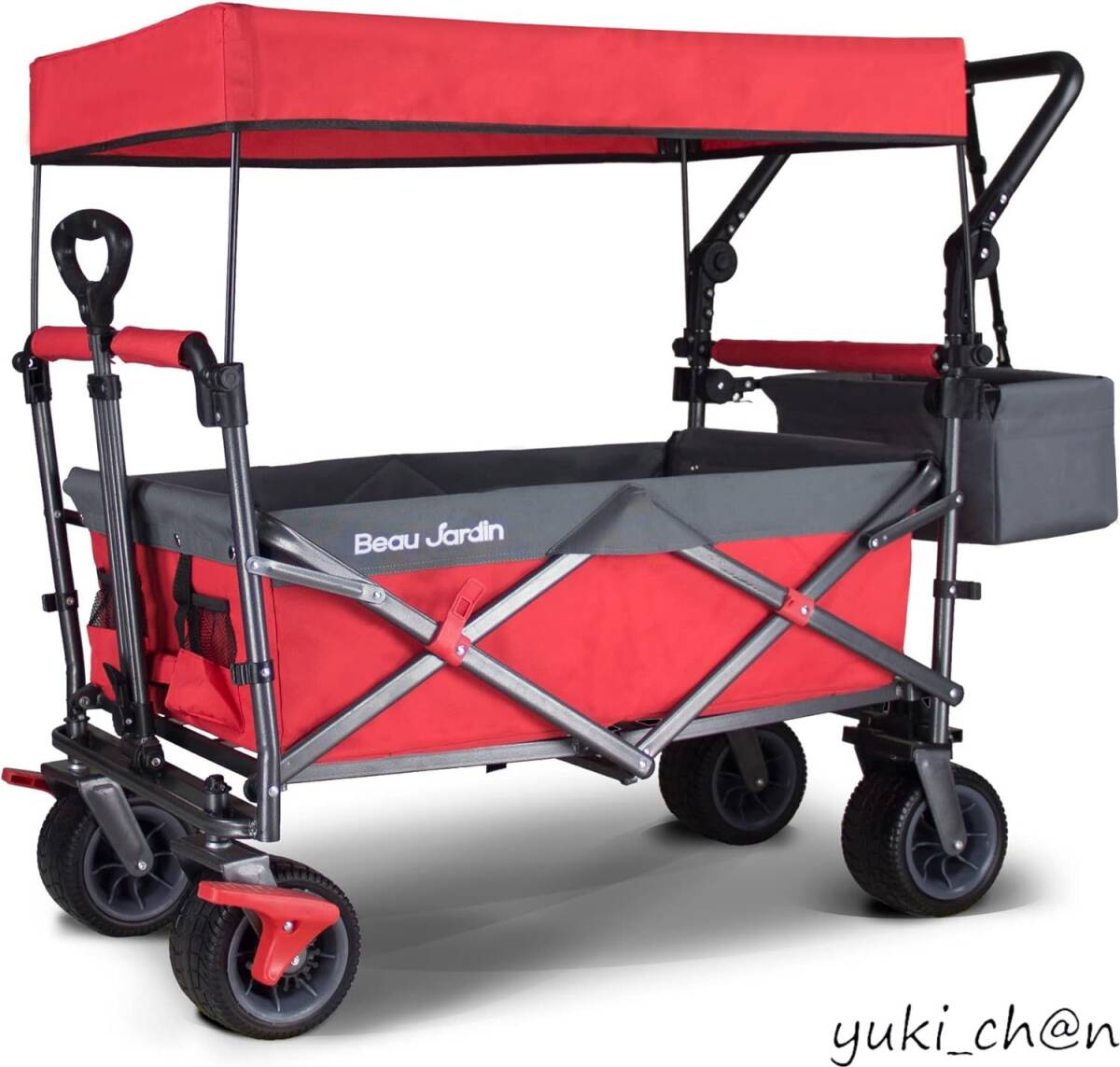 折りたたみ式全地形ガーデン車両 屋外キャンプキャンプ車両 伸縮式プルロッド マルチスピード調整可能プッシュロッド 赤と灰の混合拍卖