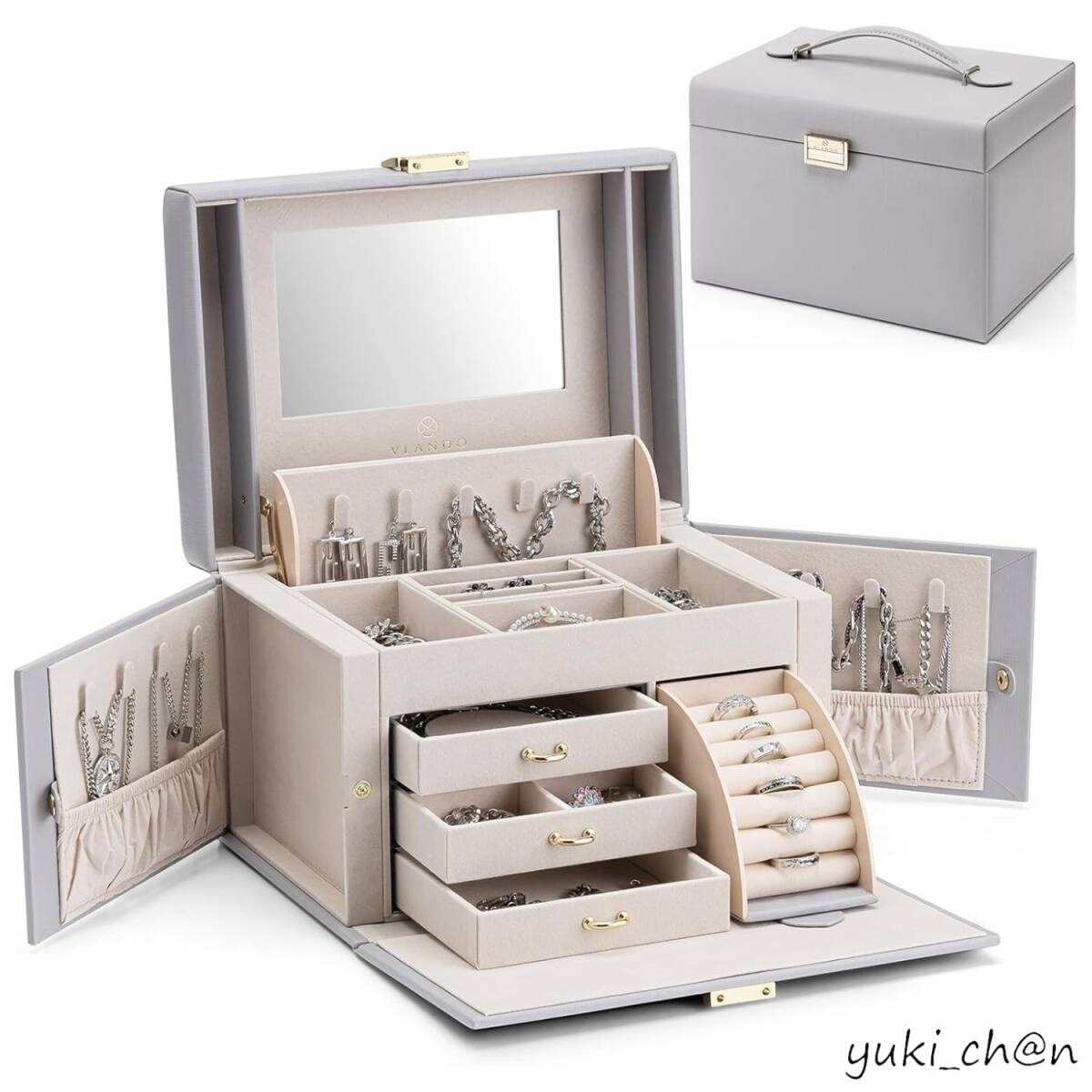 ジュエリーボックス アクセサリーケース ジュエリーバッグ 宝石箱 小物入れ グレー 収納 アクセサリー 鏡付き プレゼント ギフト拍卖