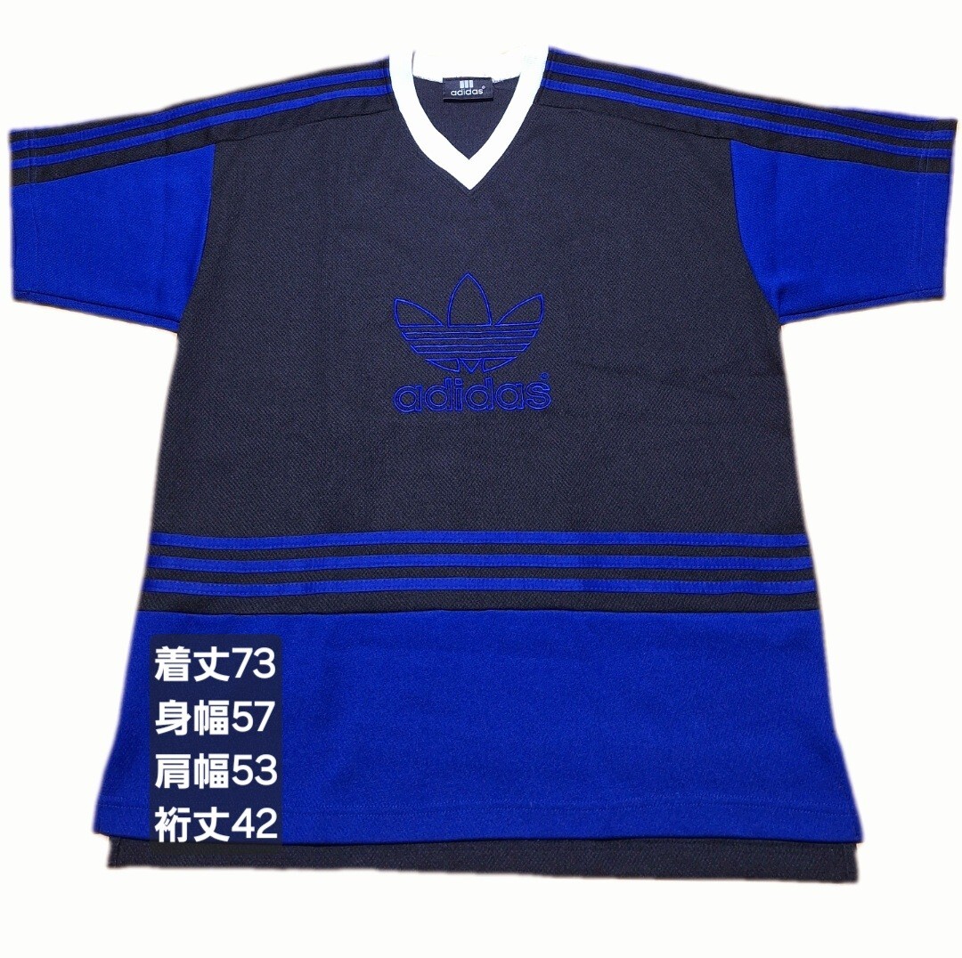 両面刺繍ロゴ アディダス 90s ヴィンテージ 両面 トレフォイル 三つ葉 半袖 ジャージ素材 プルオーバー カットソー Tシャツ L 青 黒 adidas拍卖