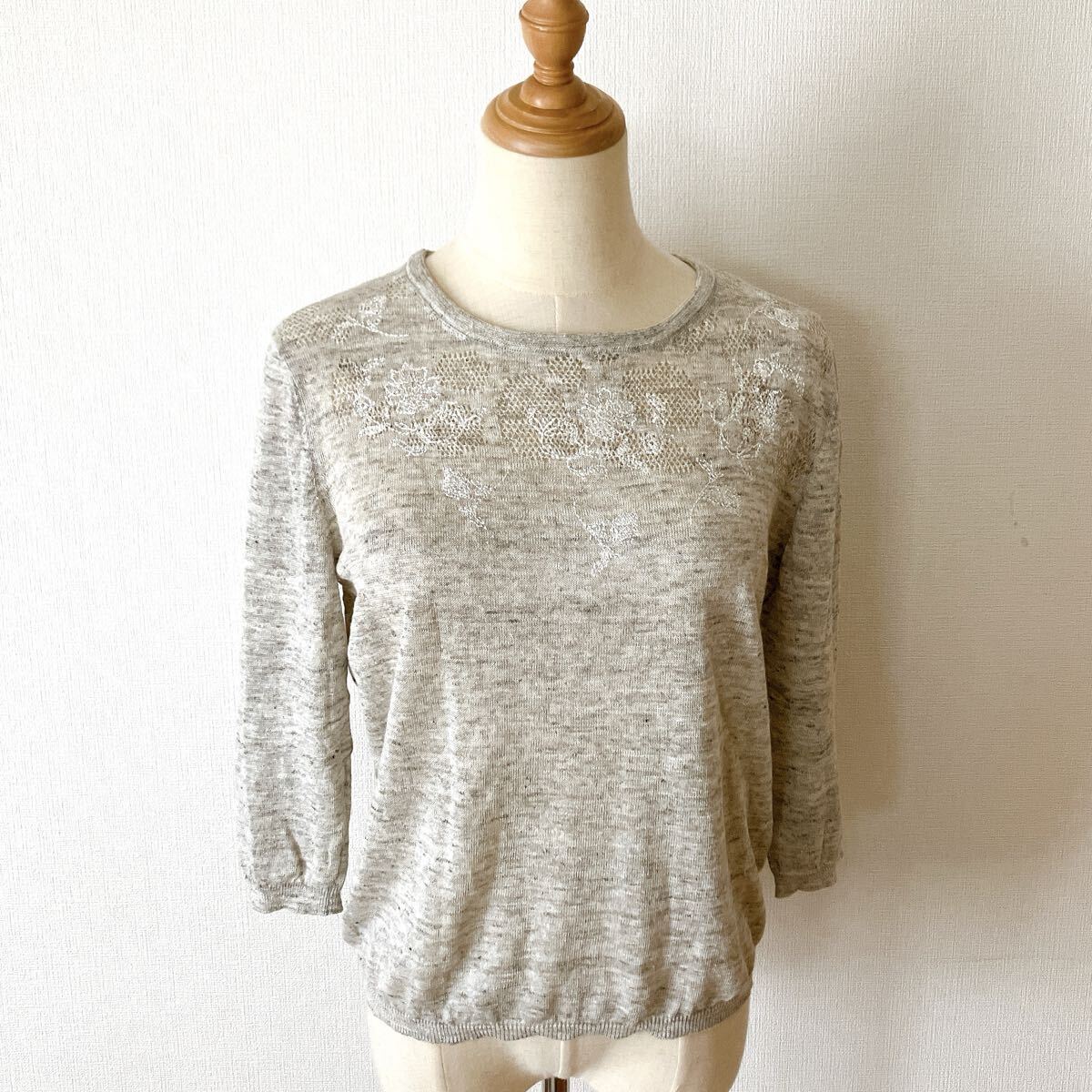 NON-NO ノンノ リネン 透かし編み 花 刺繍 7分袖 ニット パパス M拍卖
