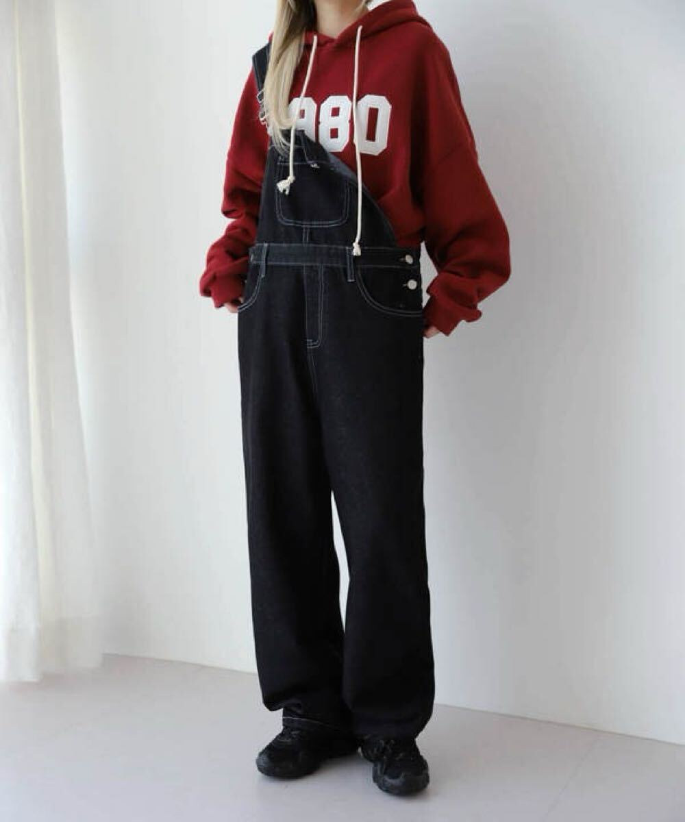 ウヌマンション デニムサロペット オーバーオール ブラック ホワイトステッチ拍卖