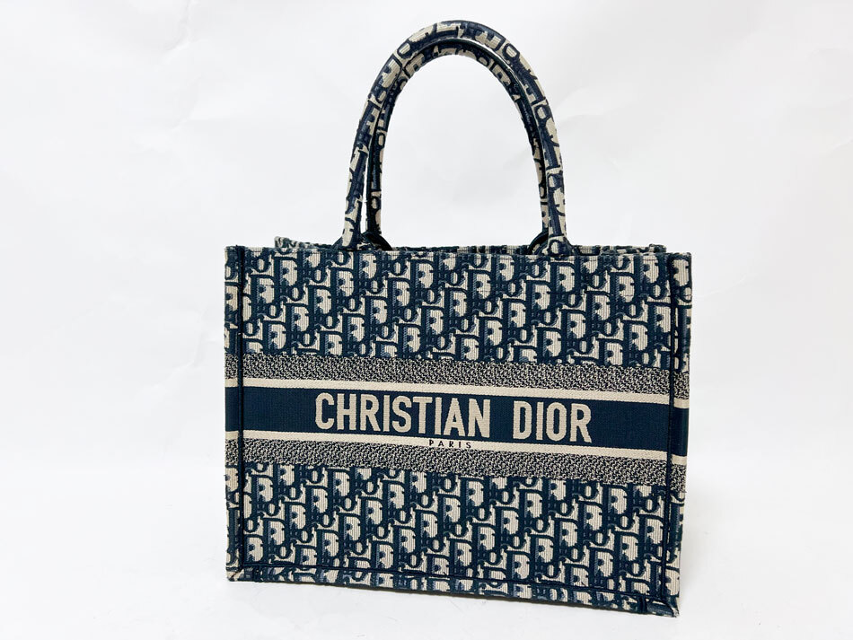 Christian Dior クリスチャン ディオール ブックトート トートバッグ ミディアム ネイビー オブリーク エンブロイダリー コットン 刺繍拍卖