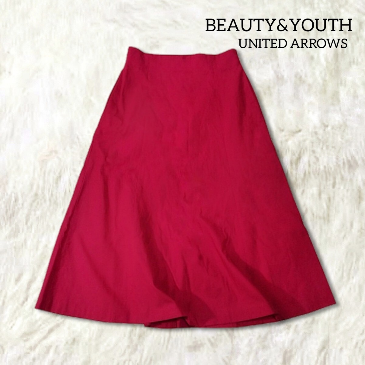 64 【BEAUTY&YOUTH】 ビューティー&ユース ユナイテッドアローズ ひざ下 膝下 フレア スカート M レッド ミディ丈 Aライン 無地 シンプル拍卖