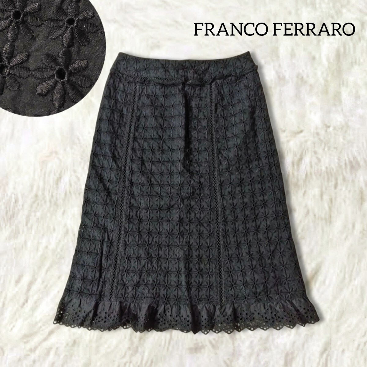 63 【FRANCO FERRARO】 フランコフェラーロ 刺繍 スカート 2 M 黒 ブラック 花柄 花刺繍 フラワー刺繍 ひざ丈 膝丈 フォーマル 春夏 フレア拍卖