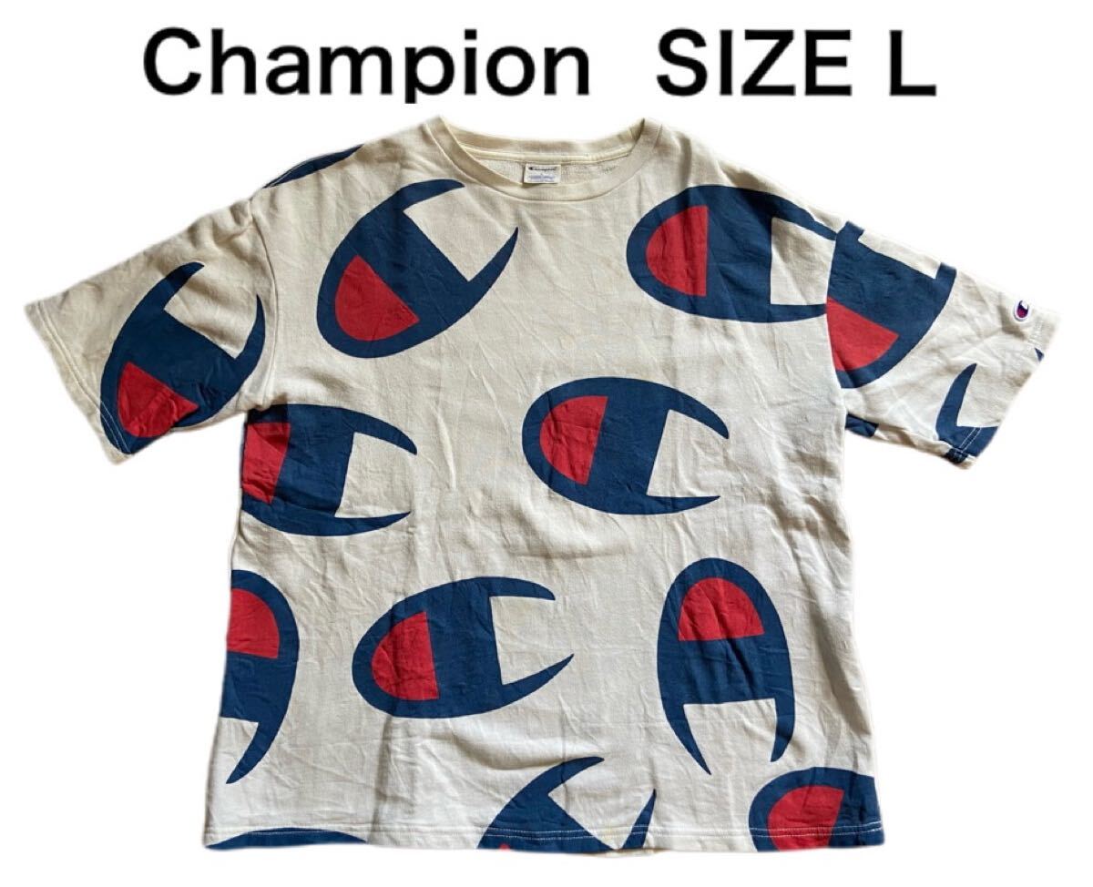 【送料無料】中古 Champion チャンピオン 半袖シャツ トレーナー スウェット ロゴ 総柄 ホワイト サイズL 拍卖
