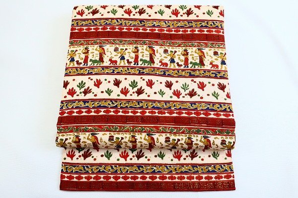 美品 アンティーク 名古屋帯 壁画 大正ロマン レトロ 3m35cm アイボリー お洒落 正絹 着物フィ 18739拍卖