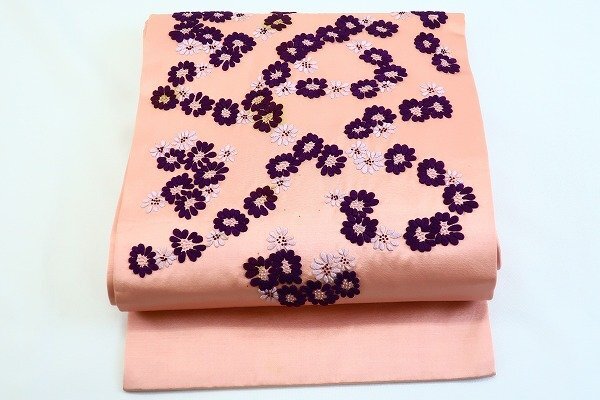 アンティーク 名古屋帯 刺繍 大正ロマン レトロ 3m64cm サビピンク お洒落 正絹 着物フィ 18781拍卖