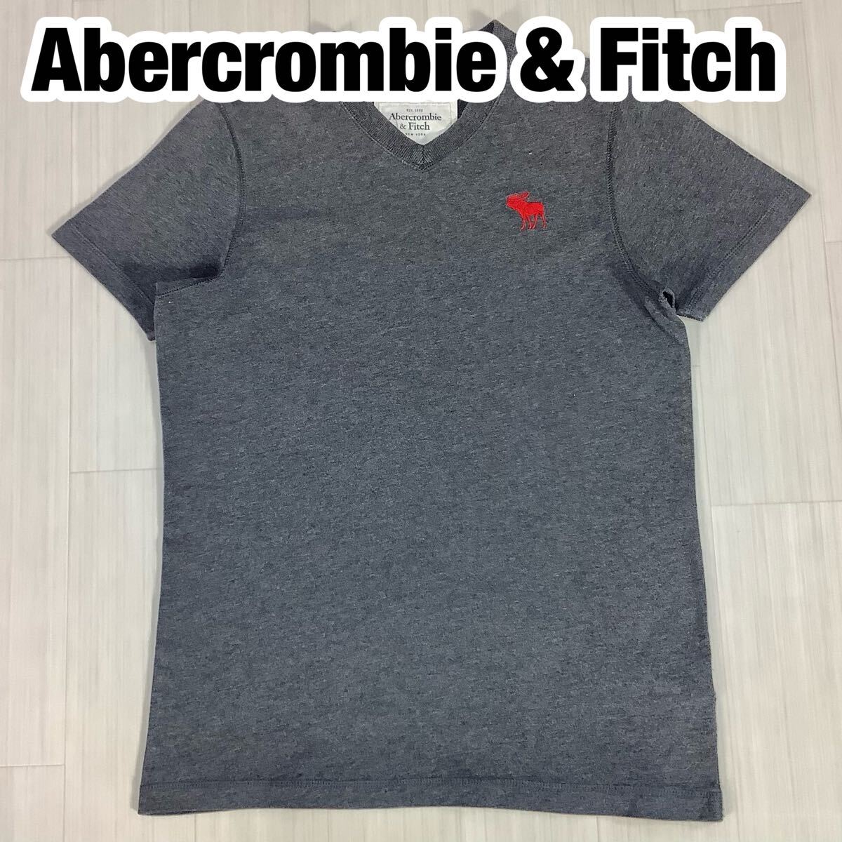 Abercrombie & Fitch アバクロンビー アンド フィッチ 半袖Tシャツ M グレー 刺繍ロゴ Vネック拍卖