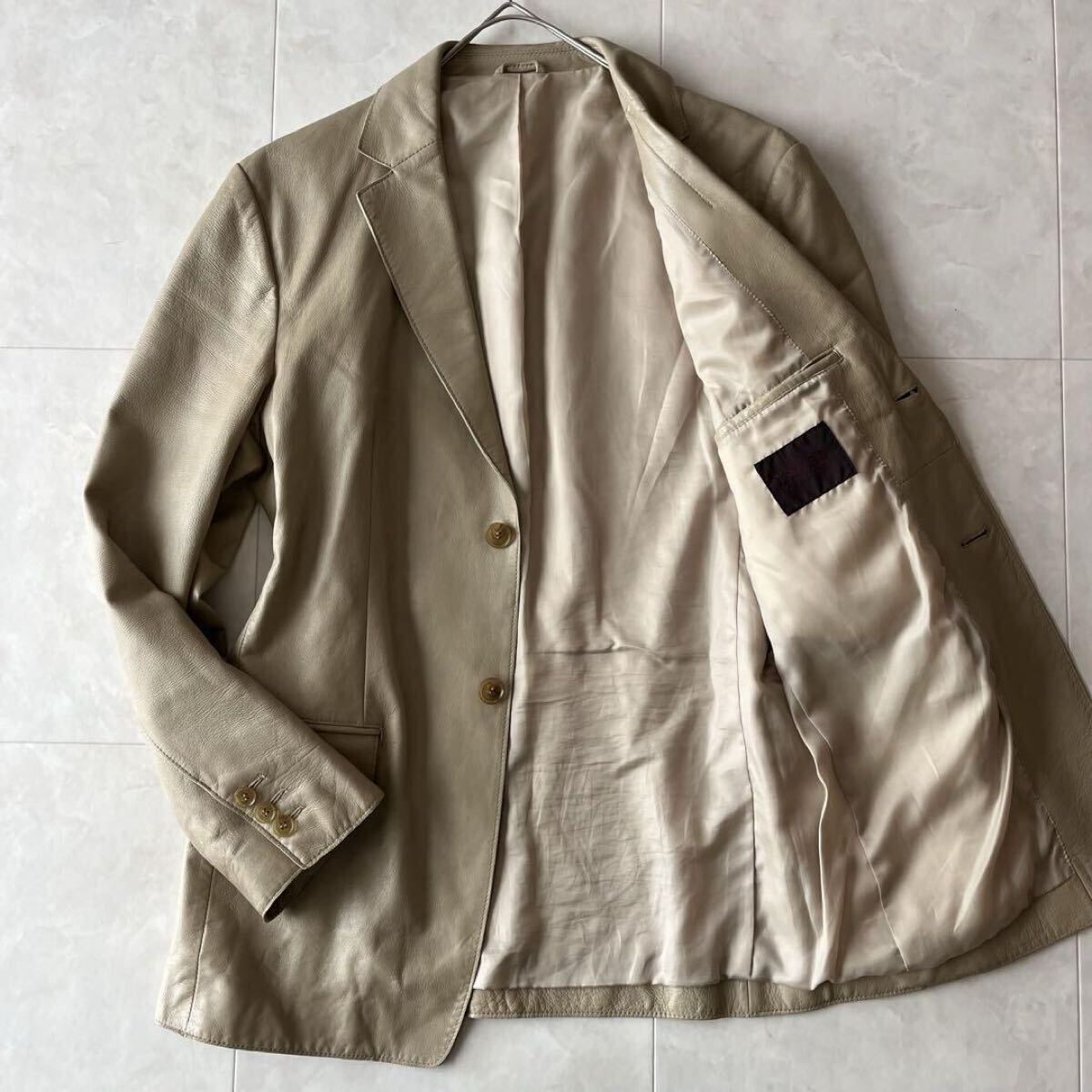 美品 M〜L相当 TAKEO KIKUCHIタケオキクチ 本革 羊革 レザージャケット テーラードジャケット ベージュ拍卖