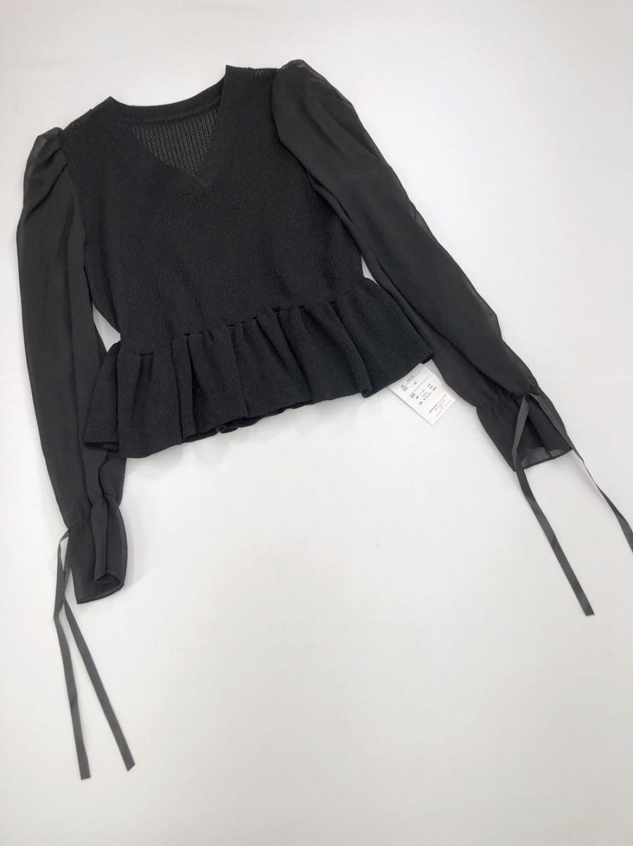 ゆうパケットOK 新品 GRL 異素材Vネックフリルリボン ひらひら シフォン バルーン ボリューム袖 ペプラム ブラウス シャツ sizeM/黒 ◇■拍卖