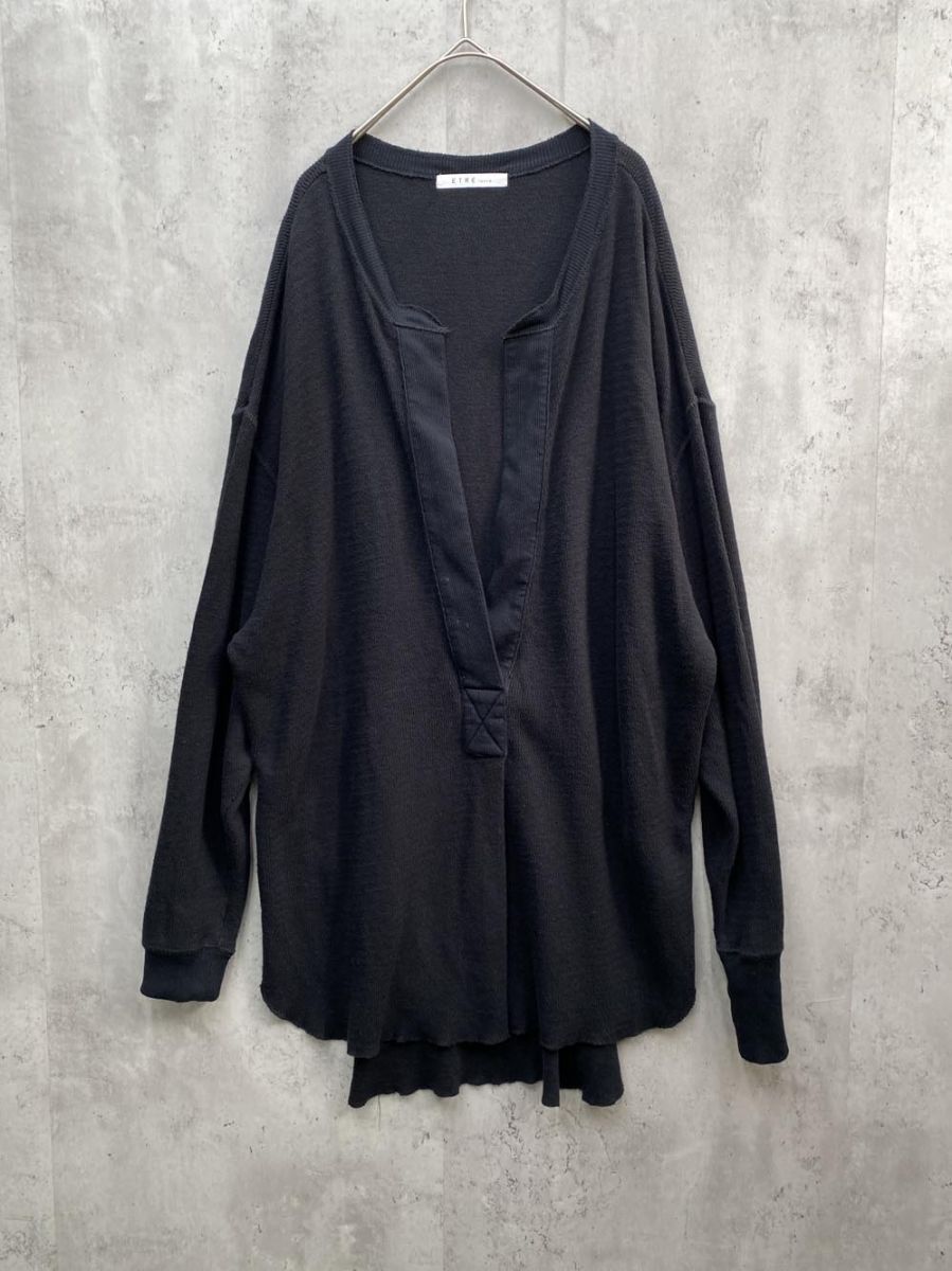 ETRE TOKYO エトレトウキョウ Vネックスリットリブ サムホール サーマルスキッパープルオーバー ワイド幅 カットソー sizeF/黒 ■◇◎拍卖
