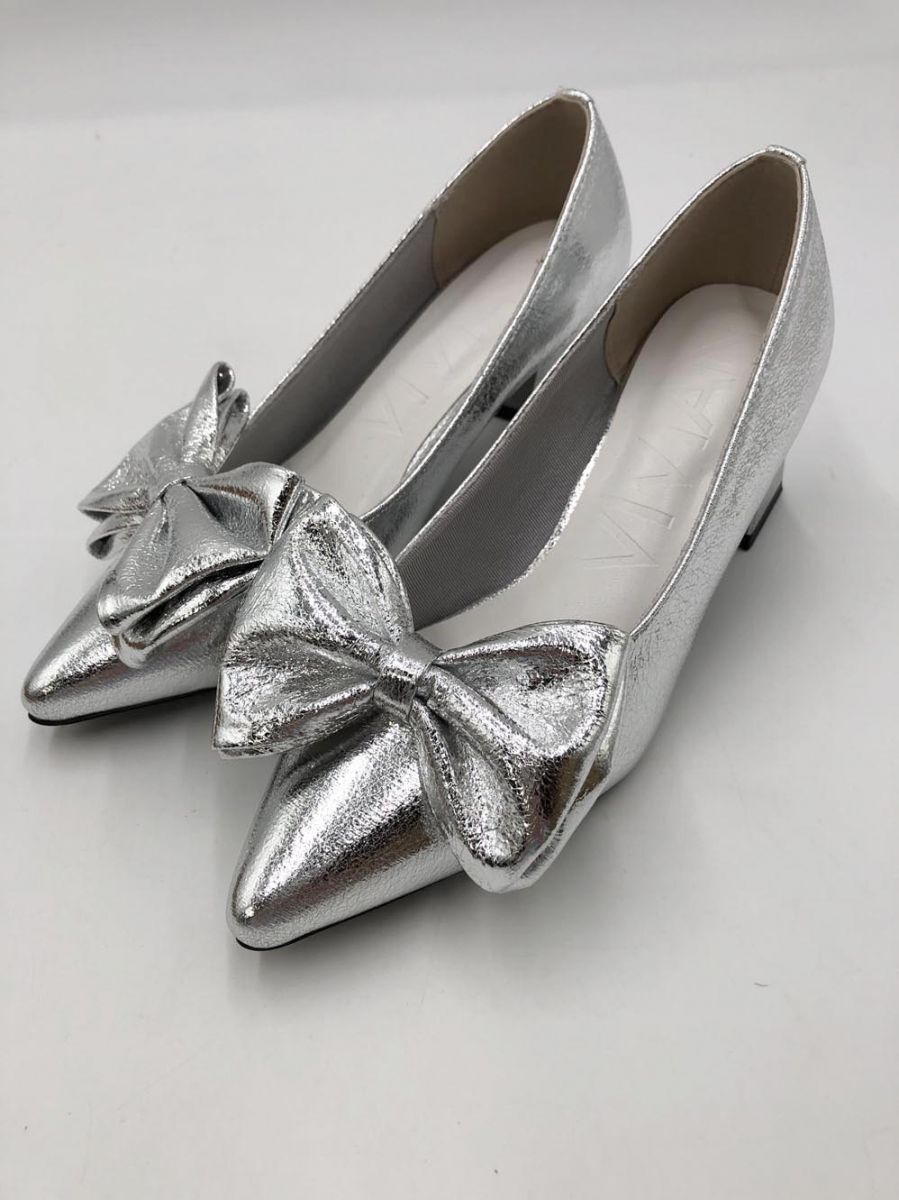 vivian リボン ミドルヒール パンプス size22.5/シルバー ■◆拍卖