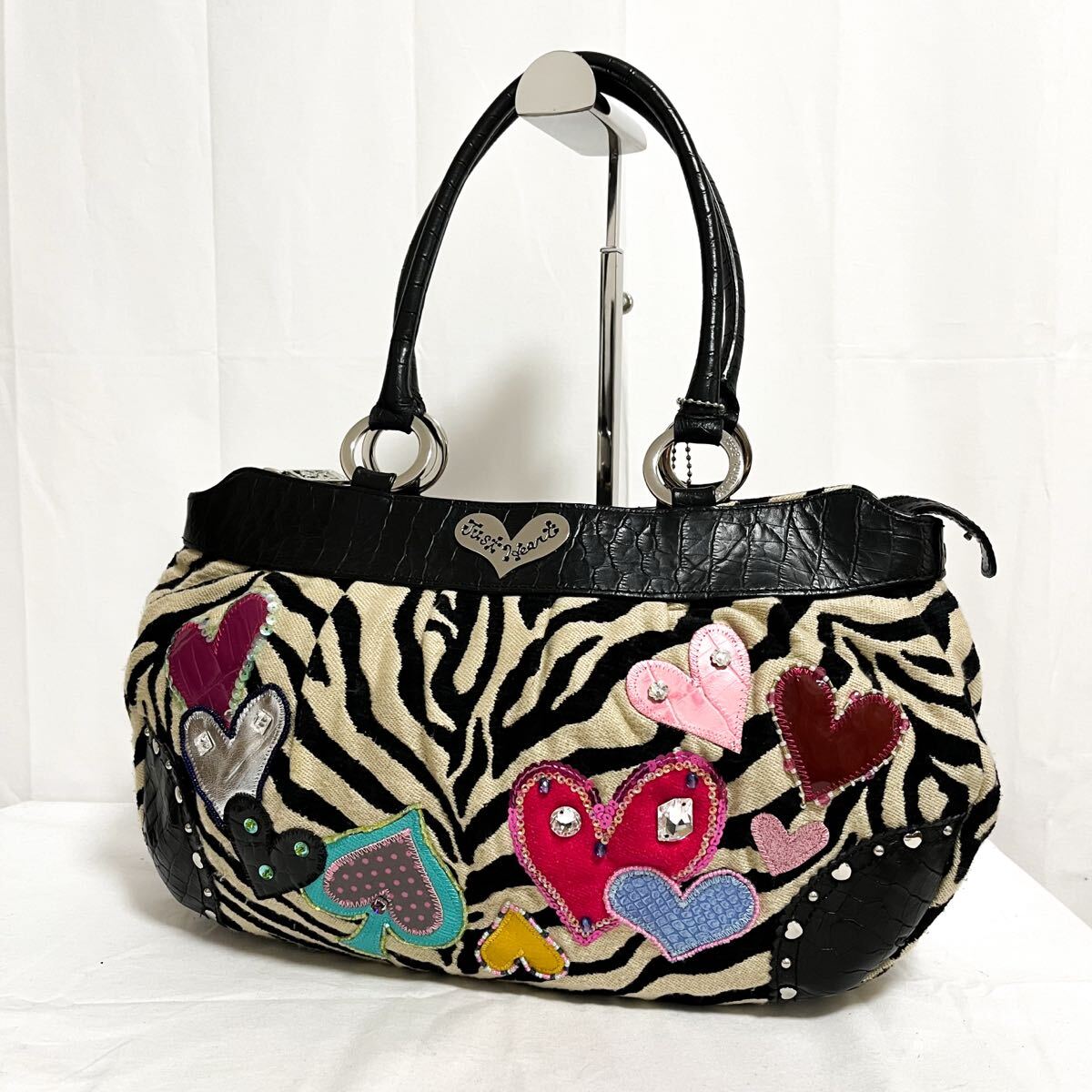 和710★① Think bee! Just Heart シンクビー ジャストハート トートバッグ 肩掛けバッグ アニマル柄 ハート ビジュー ベージュ ブラック拍卖