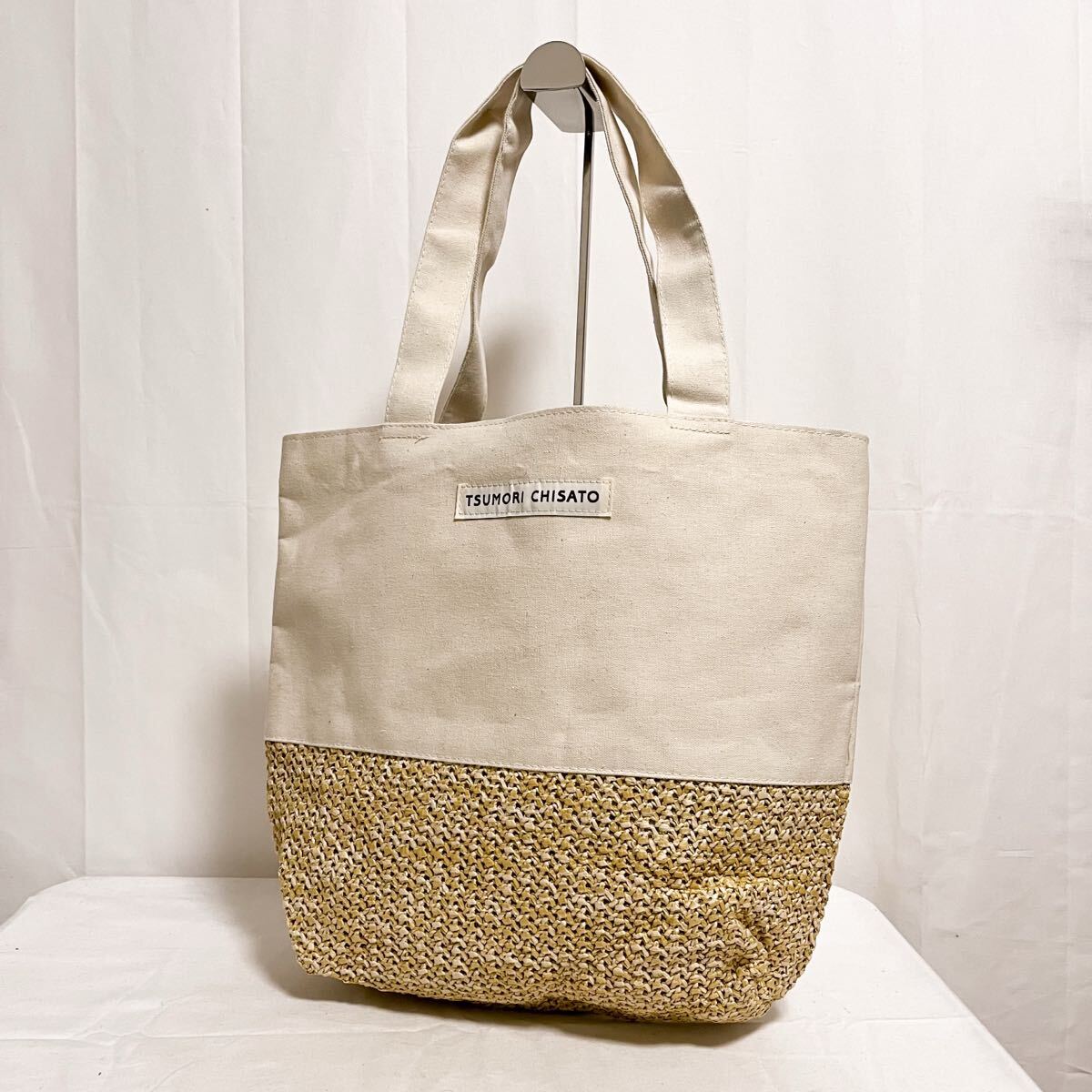 和712★① TSUMORI CHISATO ツモリチサト トートバッグ 肩掛けバッグ 編み込み 切替 ホワイト ベージュ レディース 裏地ドット拍卖