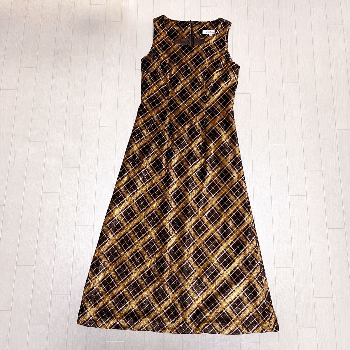 和723★ LAUTREAMONT ロートレアモン ロングワンピース ノースリーブ チェック ベロア調 2 ブラウン ゴールド レディース拍卖