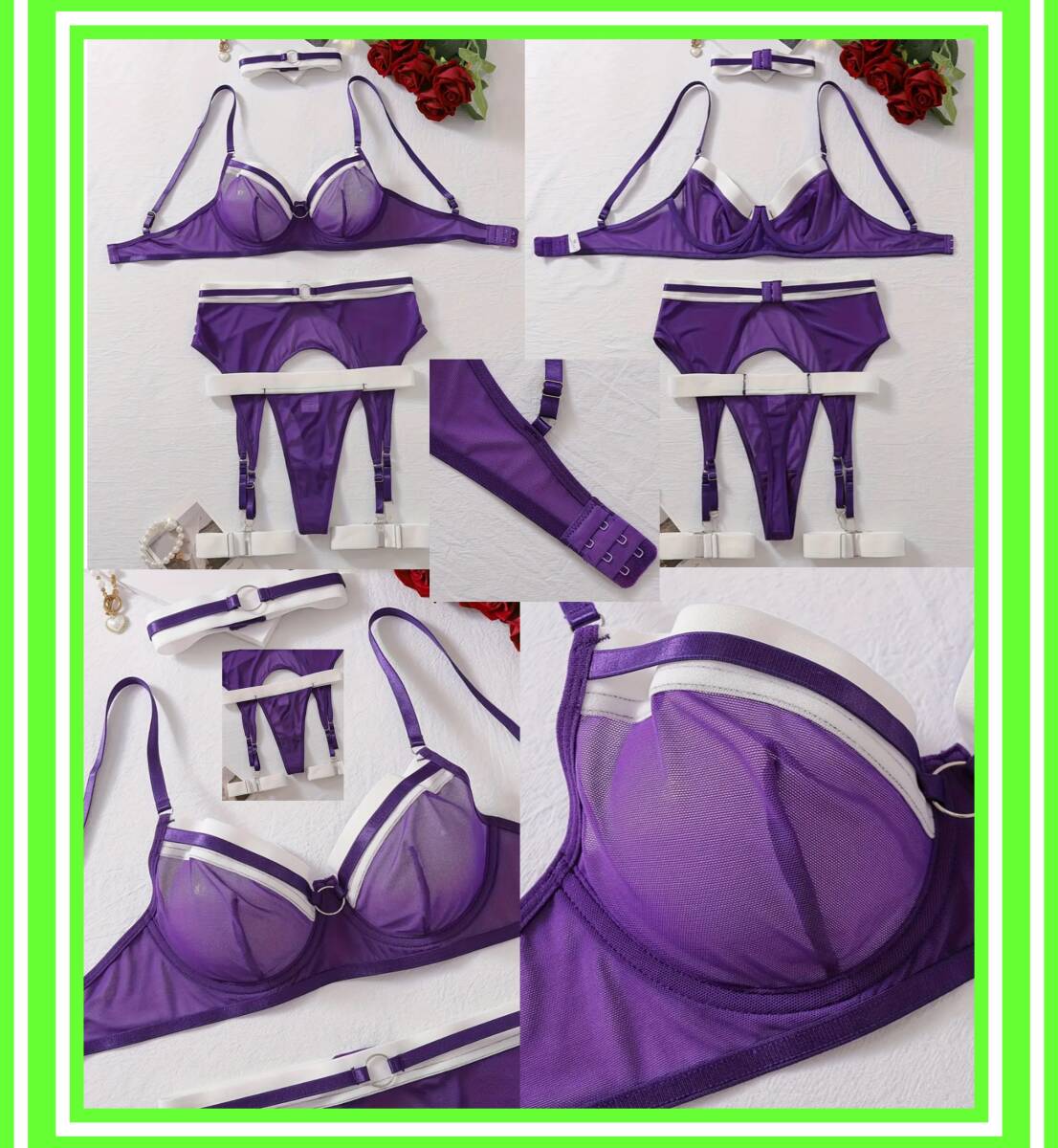 ★超素敵★パープル&ホワイト★アンダーワイヤー★ガーターランジェリーセット★レッグリング★チョーカー★大人可愛いくSexy★B168W拍卖