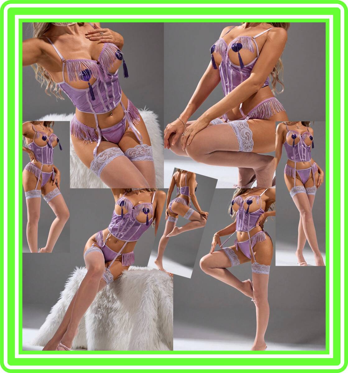 ★超素敵★アンダーワイヤー★光沢★ライトパープル★ガーター★ランジェリーセット★フリンジデザイン★ストッキング付★Tバック★O9拍卖