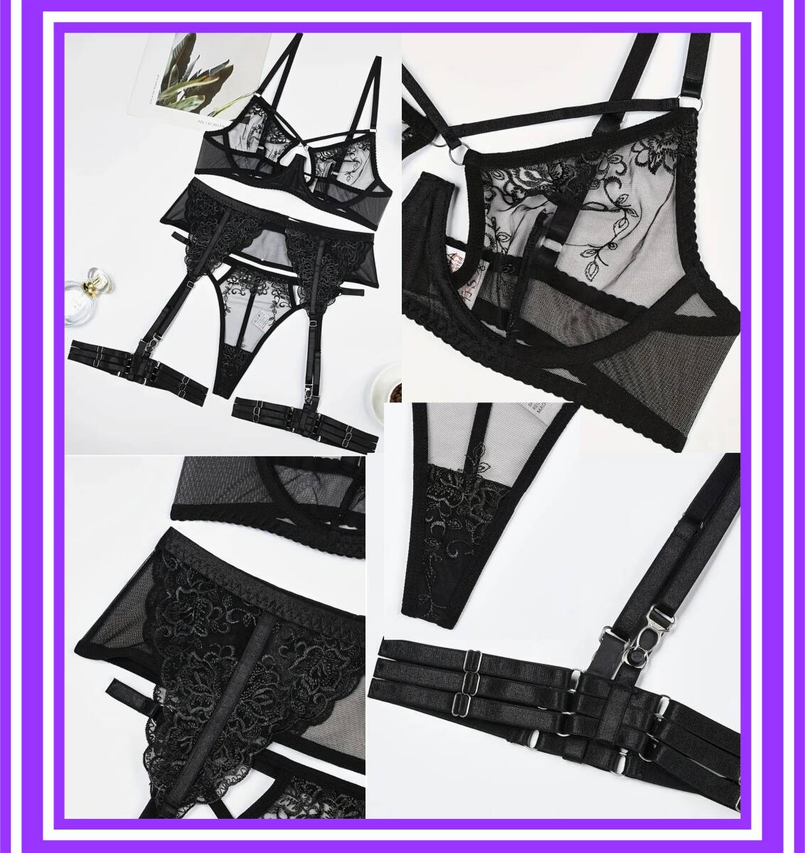 ★超素敵★アンダーワイヤー式★ガーターランジェリーセット★ブラックシースルー★3連レッグリング付★カップデザイン超Sexy★V155拍卖