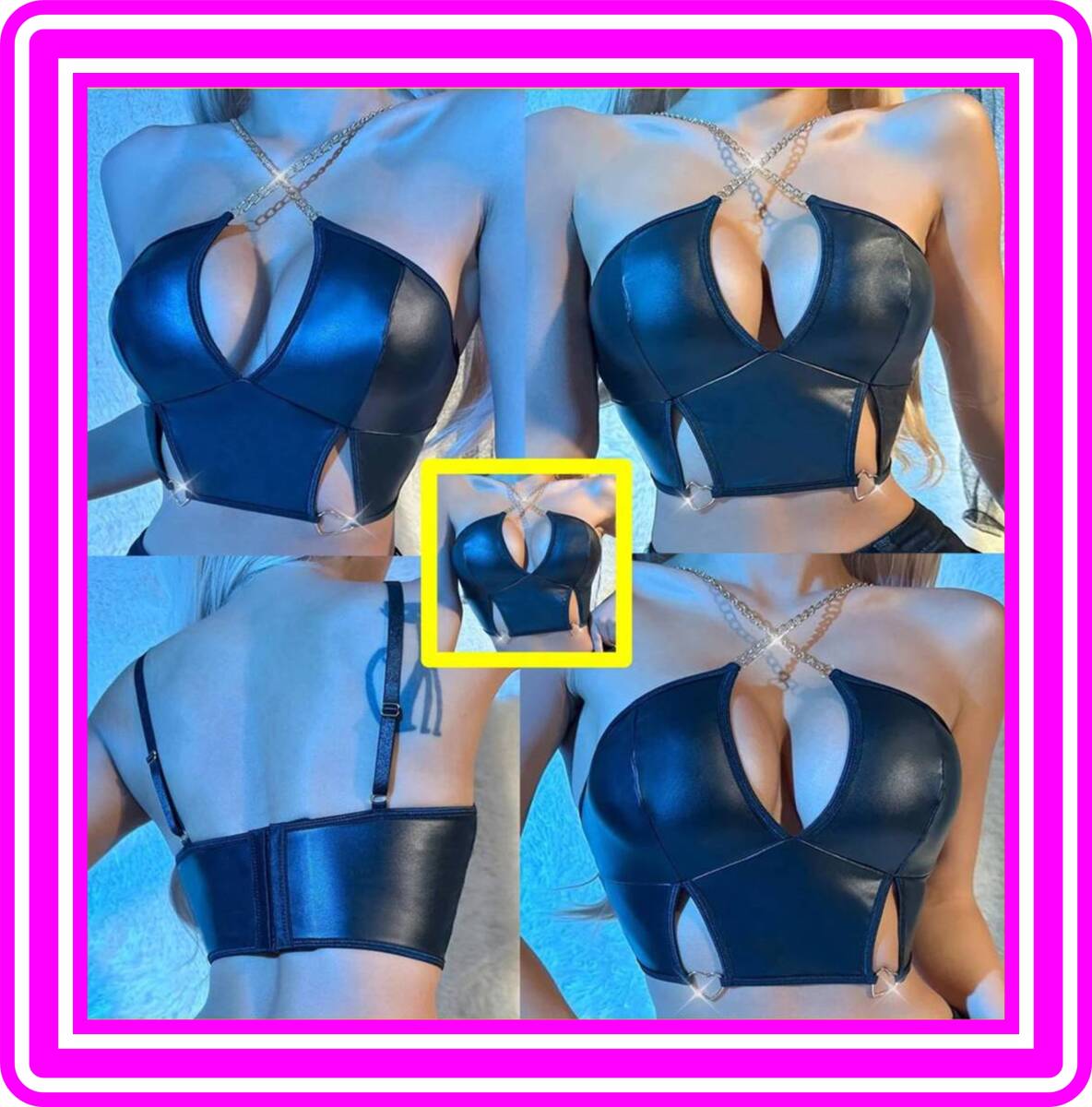 ★超素敵★タンクトップ★フェイクレザー★キャミトップ★バックホック3列★肩紐チェーン★スリット★大人Sexy★O19W拍卖