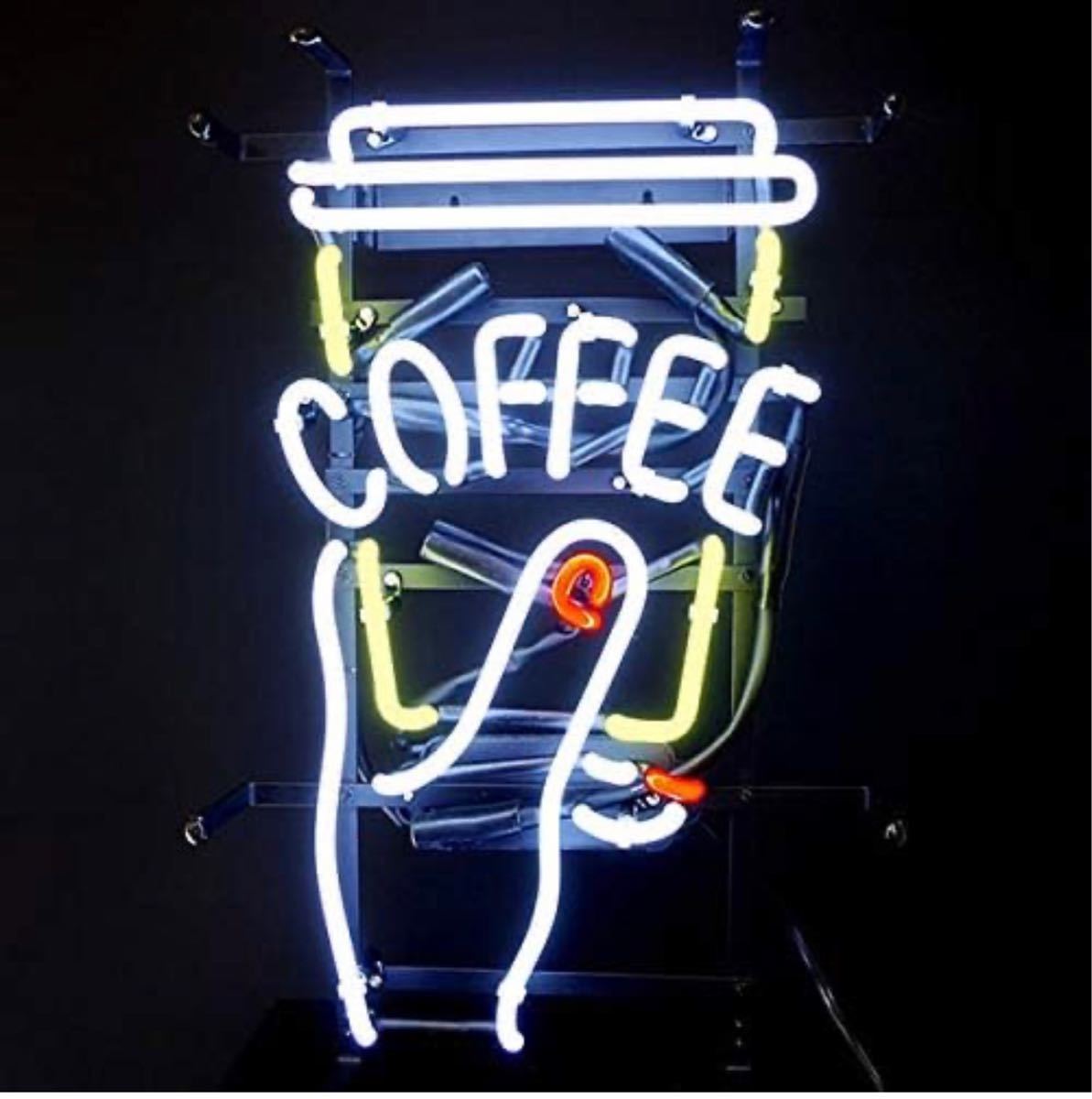オリジナル ネオンサイン COFFEE カップ 手指 白黄青赤 ガラスネオン 35.5×43cm拍卖