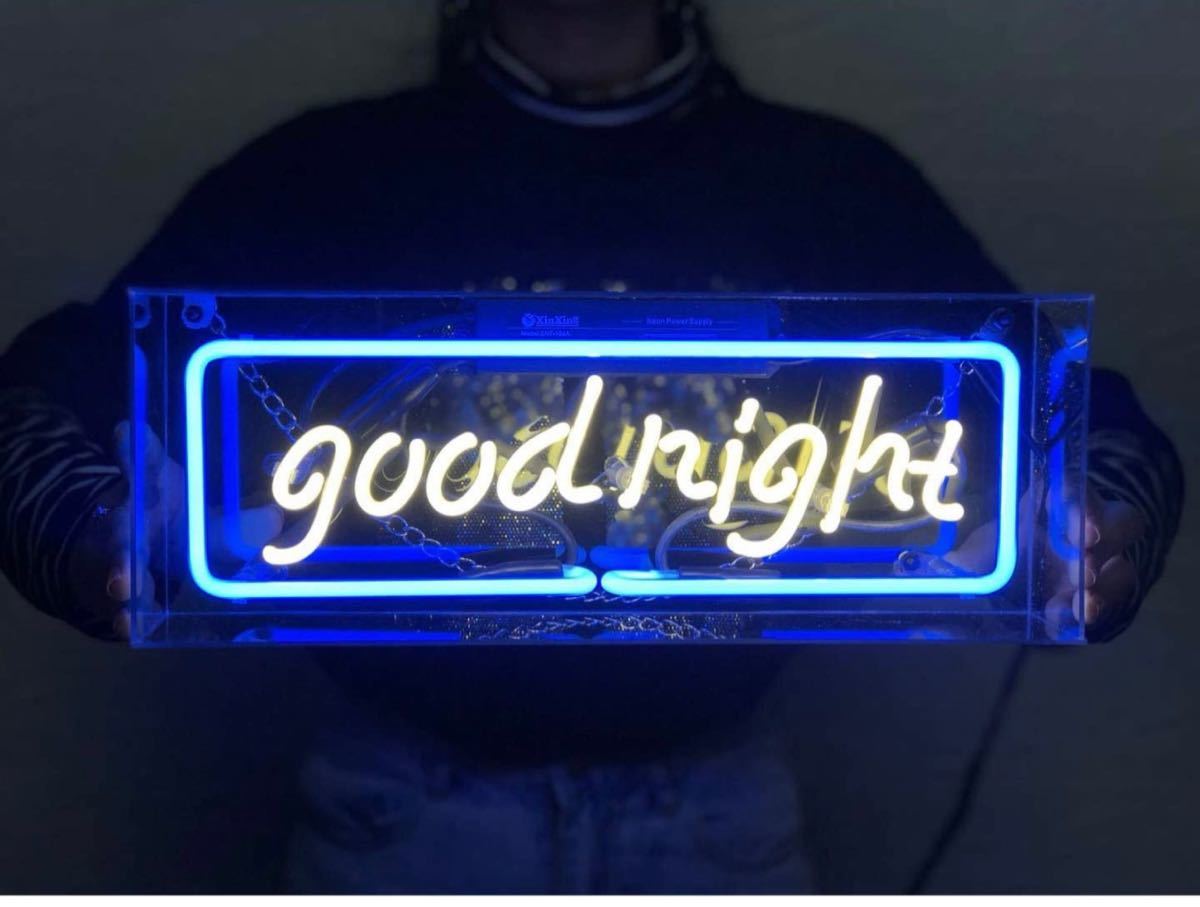 オリジナル ネオンサイン good night 英語ロゴ 青白 ガラスネオン インテリア拍卖