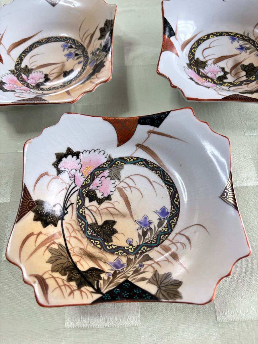 九谷焼 花鳥図色絵 四方 変形皿 5枚 美品拍卖