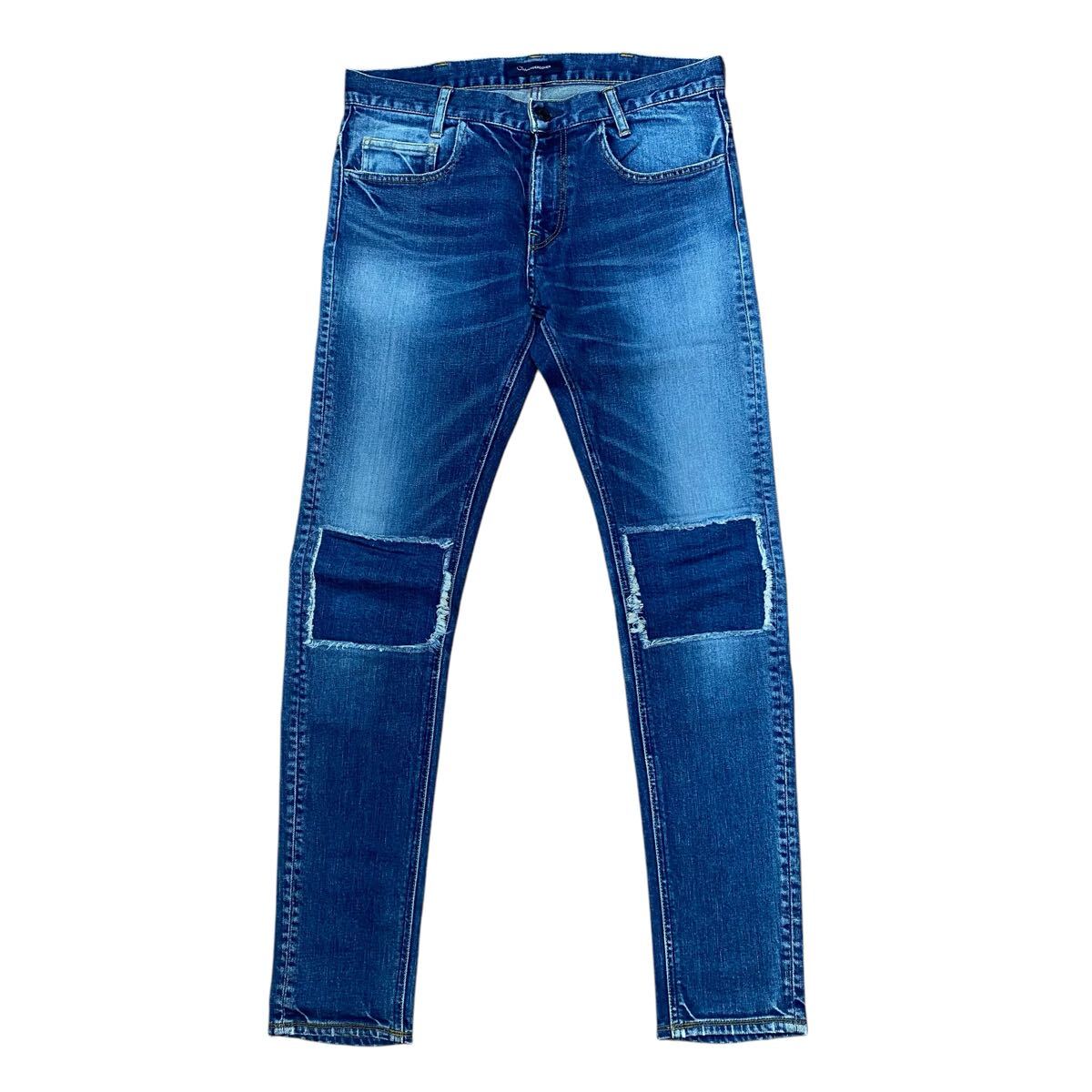 【希少 John UNDERCOVER ジョン アンダーカバー 2015SS ヒザ 膝パッチワーク クリヌキ デニム パンツ JU04501 インディゴ メンズ3】拍卖
