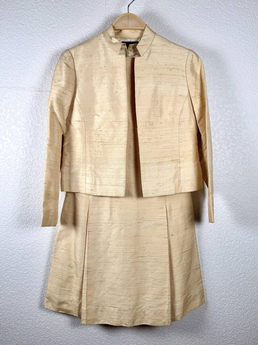 美品★70’s ヴィンテージ セットアップ ワンピース ジャケット シルク地 オーダーメイド シャンパンイエロー 仕立て服 オートクチュール拍卖