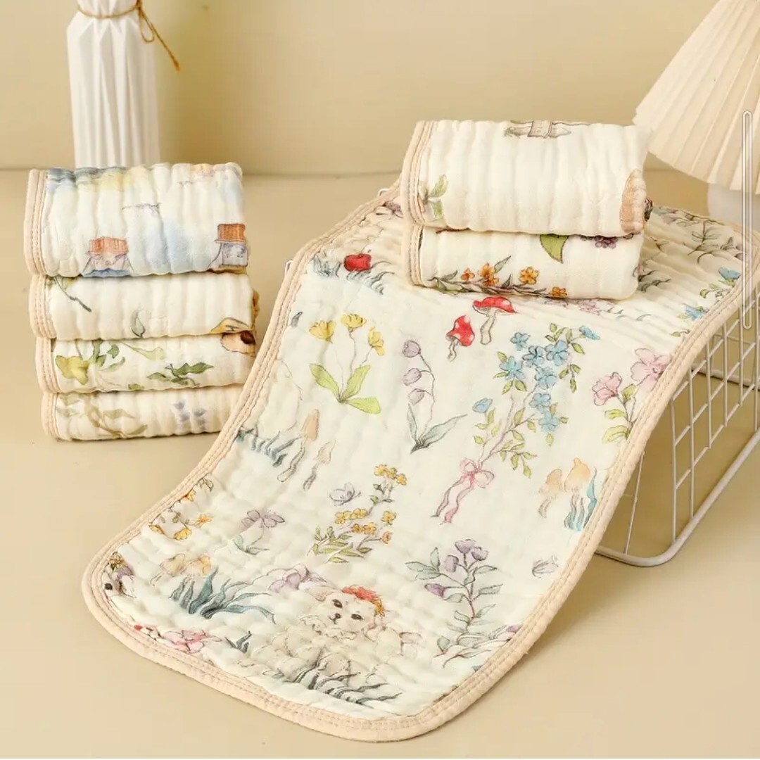 半額SALE 5枚セット 六層の柔らかく通気性のある綿ガーゼタオル コットン70%竹繊維30% ループ付き うさぎ りす イルカ アヒル 花柄拍卖