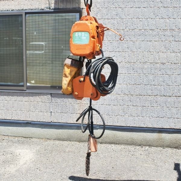 【山形】キトー ホイスト 490kg 電動チェーンブロック 手動トロリー付き 200V 50/60Hz 天井クレーン 揚程3m 中古 東北 倉庫保管 発送可拍卖