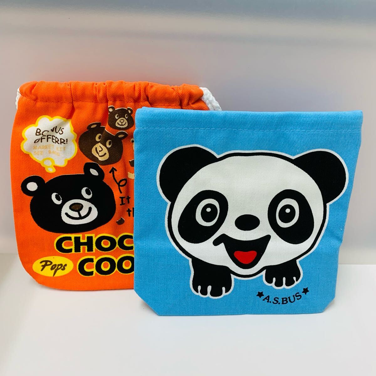 巾着袋 2枚セット /アニマル/パンダ ブルー/クマ オレンジ/未使用 コップ入れ 小物入れ 給食袋 小物入れ 幼稚園 保育園 幼児拍卖