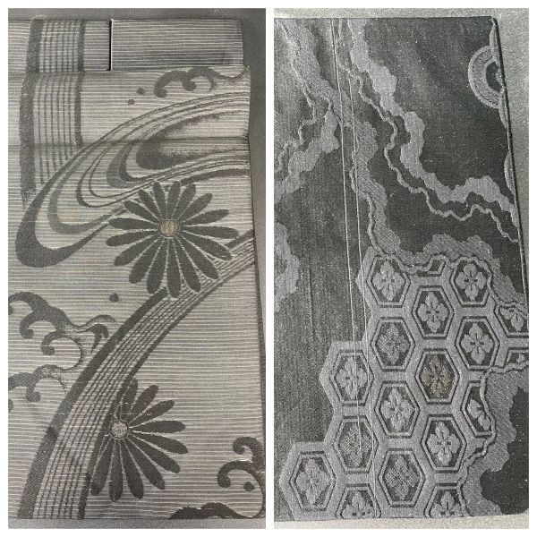 六通柄名古屋帯 喪服用 2点まとめ 墨色 黒 流水紋 大柄 着物 和服 和装 着物コーデ リメイク 生地(4015)拍卖