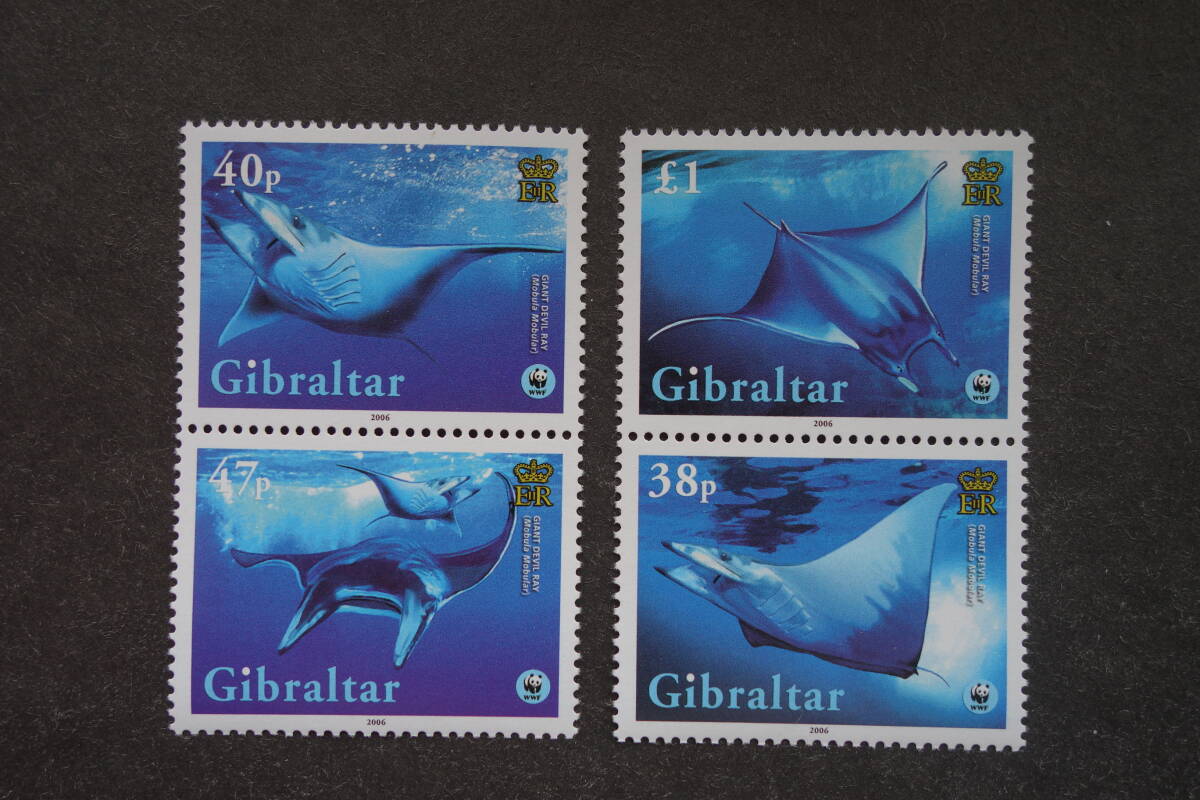 外国切手: ジブラルタル切手 「WWF(世界自然保護基金)イトマキエイ」 4種完(2種連刷×2) 未使用拍卖