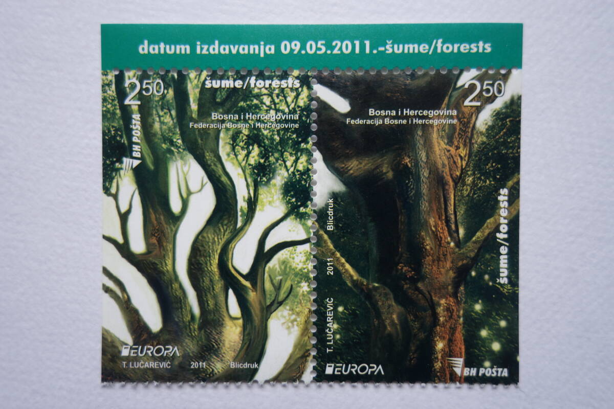 外国切手: ボスニア・ヘルツェゴビナ切手 「(2011年ヨーロッパ切手)共通テーマ・森林」 2種連刷 未使用拍卖