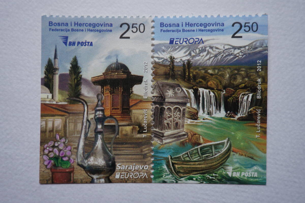 外国切手: ボスニア・ヘルツェゴビナ切手 「(2012年ヨーロッパ切手)共通テーマ・観光」 2種連刷 未使用拍卖