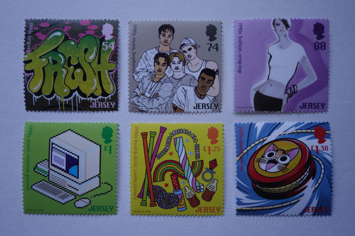外国切手:ジャージー切手 「1990年代ノスタルジア」(フランス語 ほか)6種完 未使用拍卖