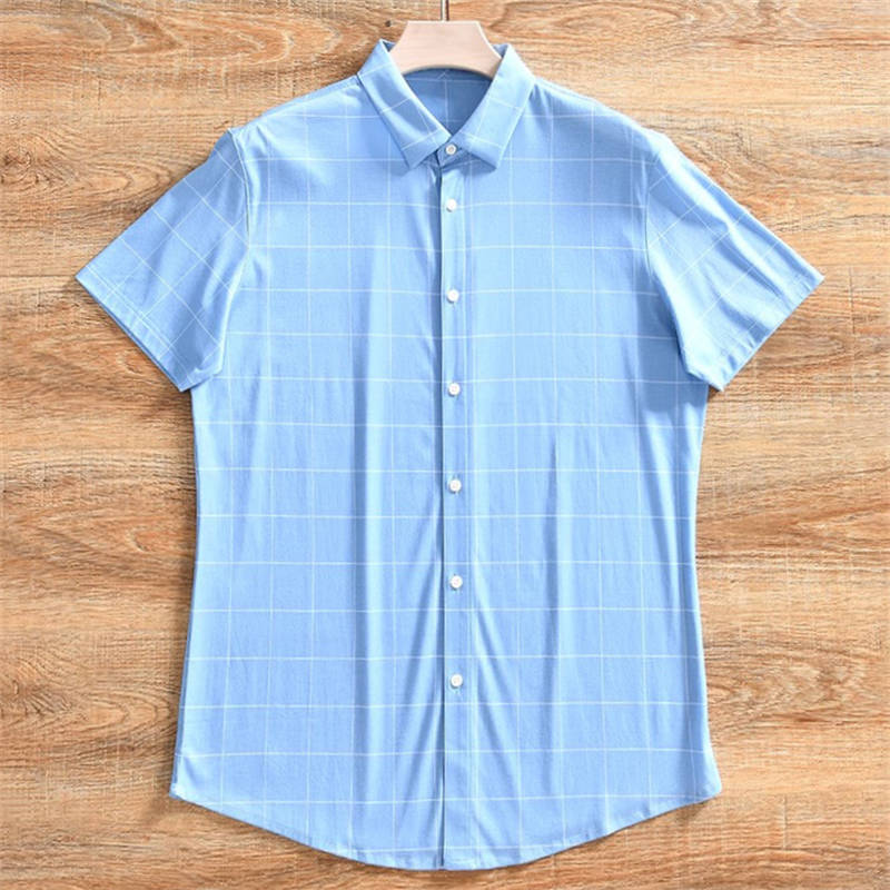 W0721-L青色 綿100%で爽やか涼感!新品 メンズ 綿100% チェック 半袖シャツ 通気性抜群 細身 薄手 夏用 ビジネス カジュアル トップス拍卖