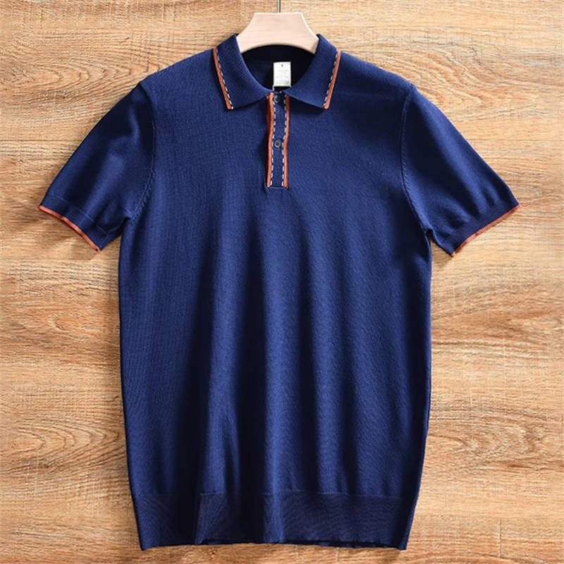 W0724-XL紺色 サマーニット!新品 メンズ テンセル混 上質 半袖ポロシャツ ゴルフ 清涼快適 春夏 ビジネス カジュアル トップス拍卖